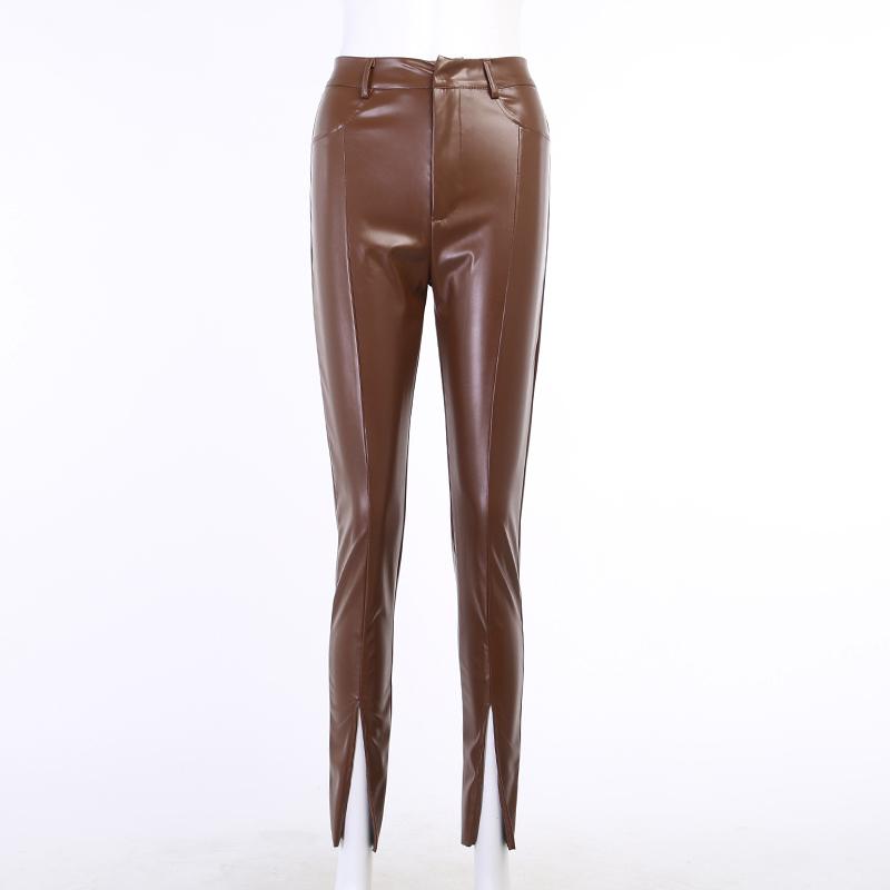 2021 High quality High Waist Faux Leather Women's Pants Hem Split Brown Casual Ladies Streetwear Trousers Pencil Pants