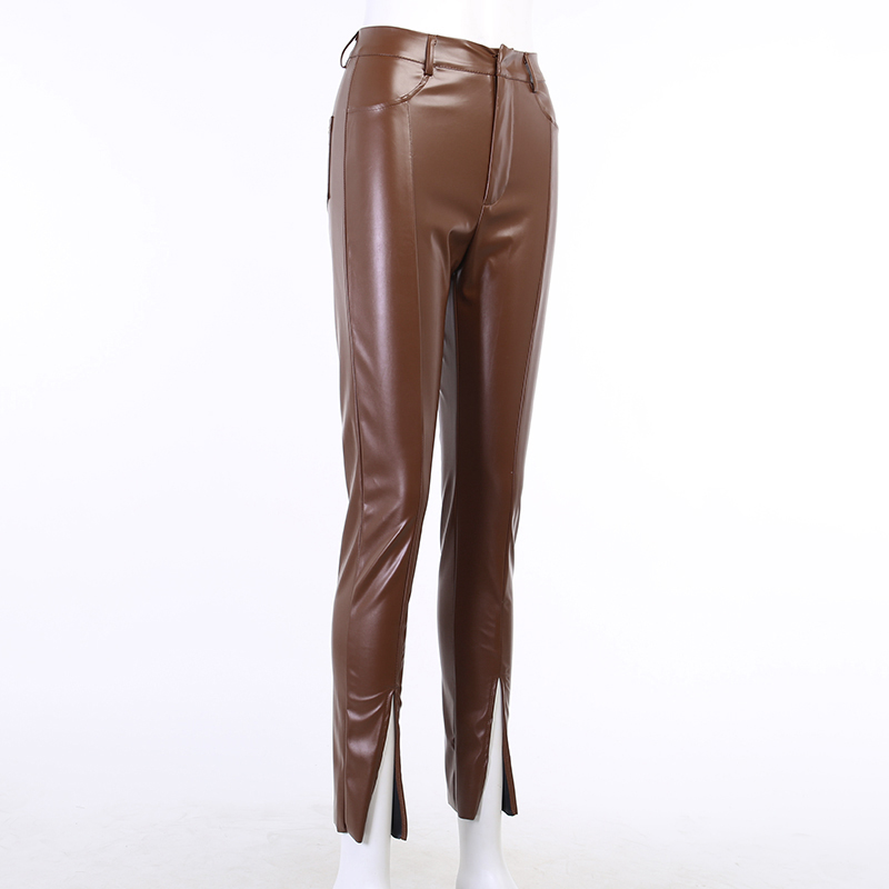 2021 High quality High Waist Faux Leather Women's Pants Hem Split Brown Casual Ladies Streetwear Trousers Pencil Pants