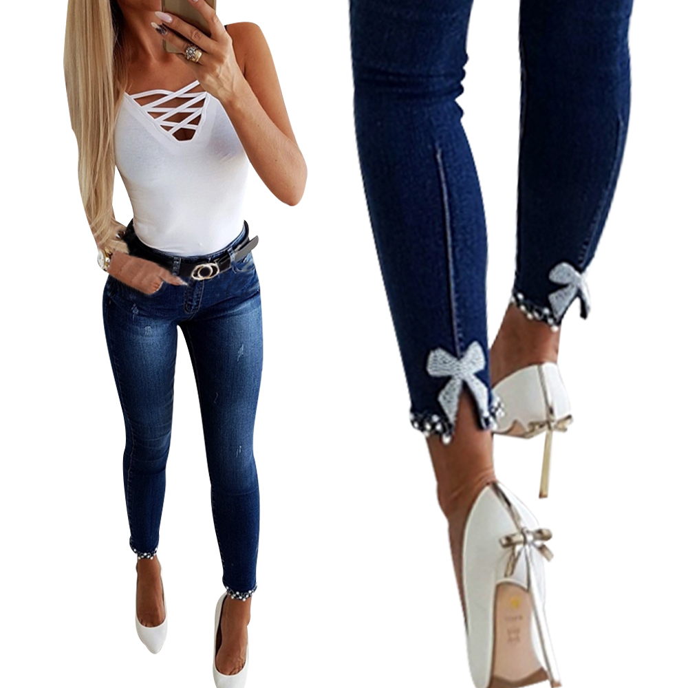 2021 High quality Jeans Woman Casual High Waist Lace Pearl Split Skinny Jeans Womens stretch Denim Trouser Women