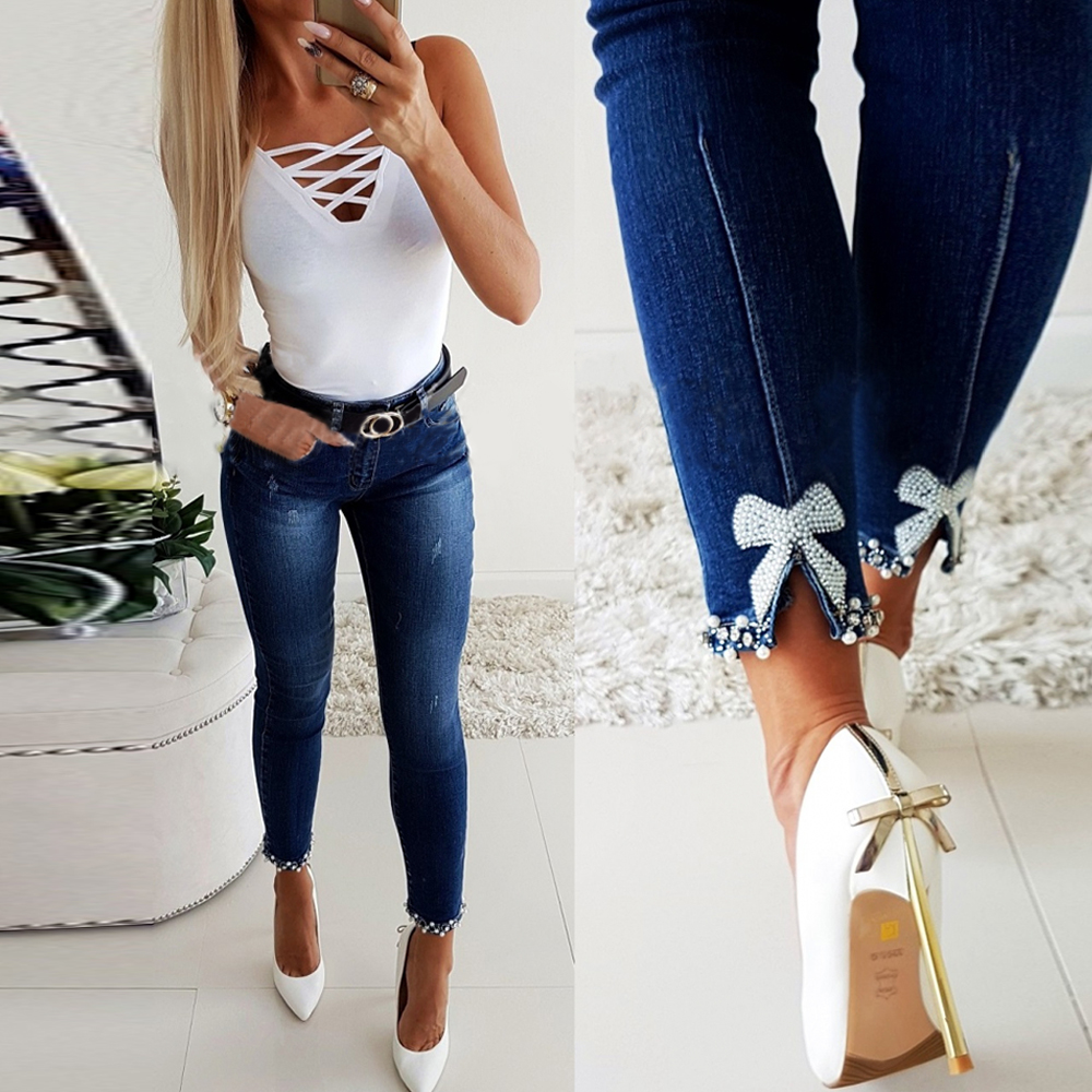 2021 High quality Jeans Woman Casual High Waist Lace Pearl Split Skinny Jeans Womens stretch Denim Trouser Women