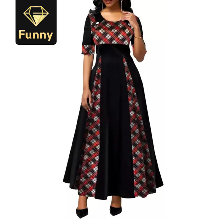 2021 High quality Plus Size Women Plaid Print Maxi Dress Half Sleeve New Vintage Party Dress High Waist S-5XL