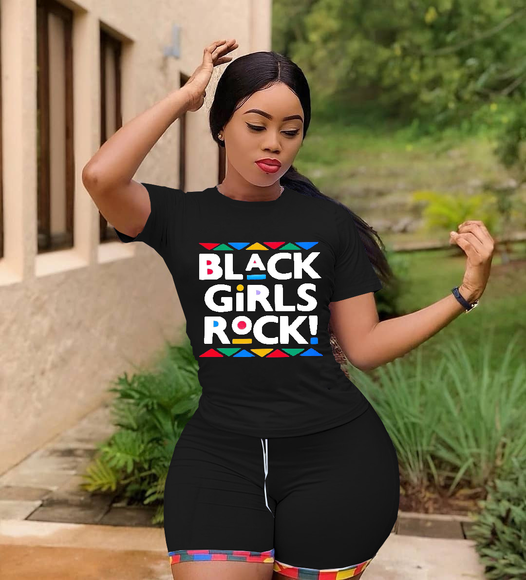 2021 High quality Letter Print Two Piece Set Summer Clothes For Women O Neck Short Sleeve T Shirt And Biker Short Suit