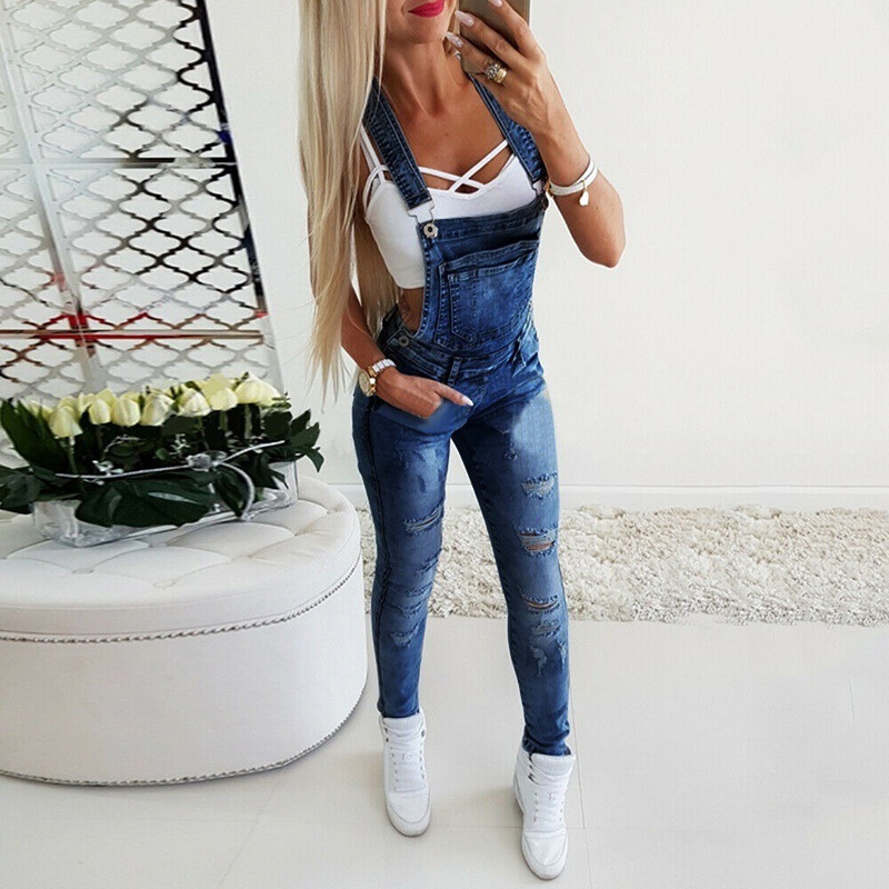 2021 High quality Ladies Women's Fashion Hole Denim Overalls Cross Strap Skinny Casual Jeans Jumpsuits Trousers