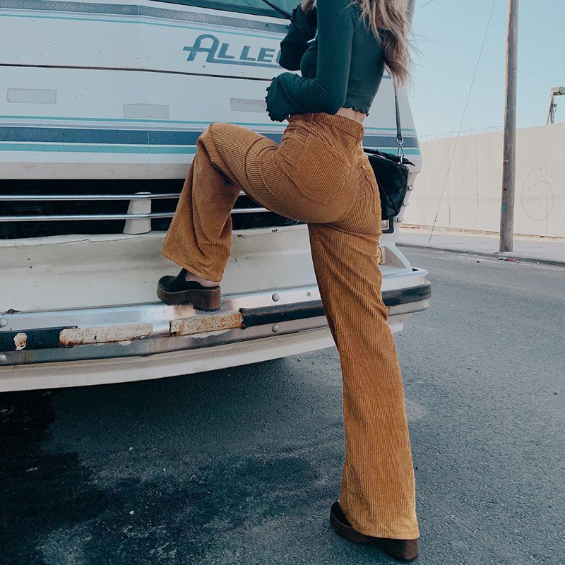 2021 High quality Newest Women Fashion Wild Trousers High Waist Stylish Chic Fitting Corduroy Flared Pants for Ladies