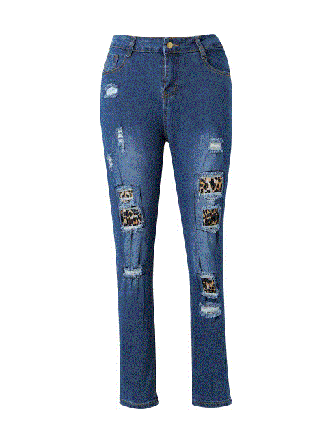 2021 High quality Women's Leopard Patchwork Ripped Jeans Mid Waist Slim Fit Skinny Hole Distressed Denim Trousers