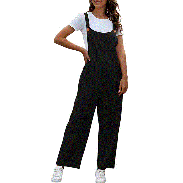 2021 High quality Women's Fashion Pocket Overalls Button Suspender Pants Loose Casual Wide Leg Ladies Stylish Trousers
