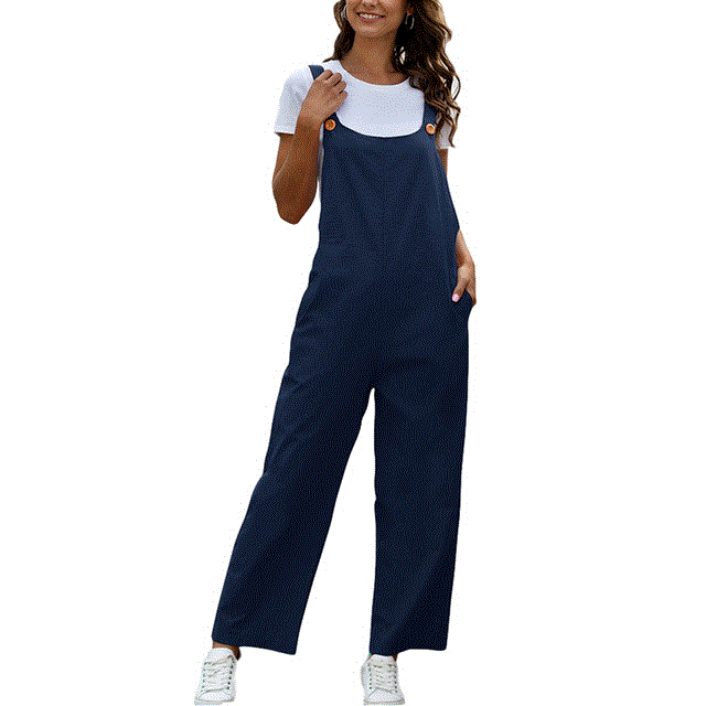 2021 High quality Women's Fashion Pocket Overalls Button Suspender Pants Loose Casual Wide Leg Ladies Stylish Trousers