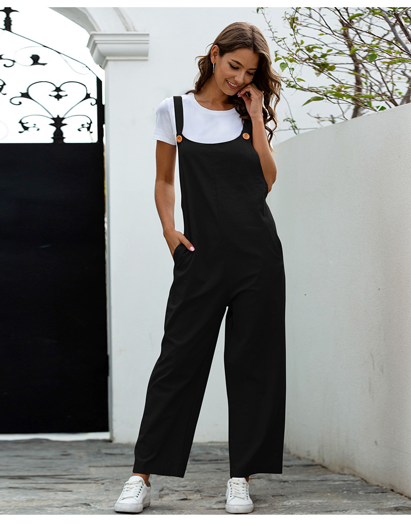 2021 High quality Women's Fashion Pocket Overalls Button Suspender Pants Loose Casual Wide Leg Ladies Stylish Trousers