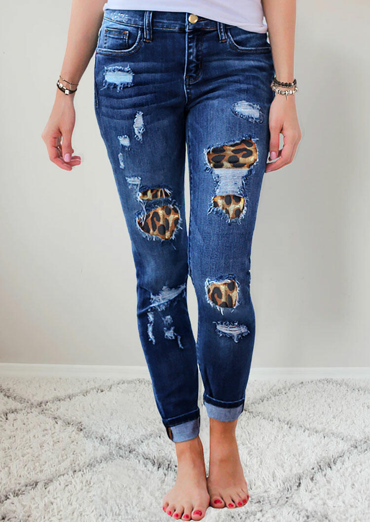 2021 High quality Women's Leopard Patchwork Ripped Jeans Mid Waist Slim Fit Skinny Hole Distressed Denim Trousers