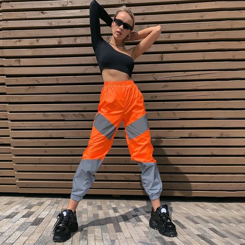 2021 High quality Women's Sports Trousers Fashion Reflective Color Thin Elastic High Waist Beam Feet Casual Pants