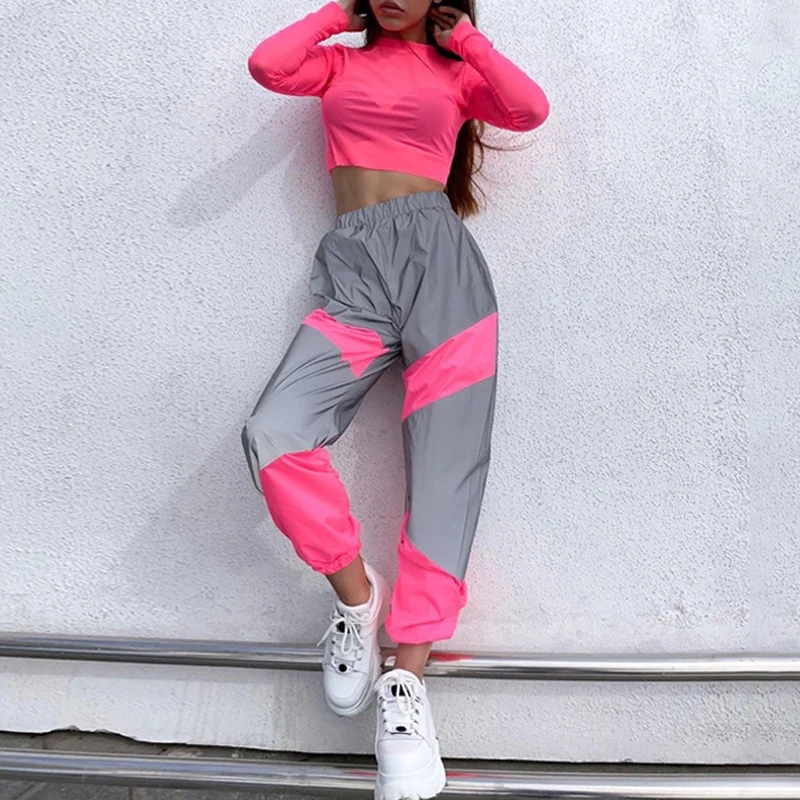 2021 High quality Women's Sports Trousers Fashion Reflective Color Thin Elastic High Waist Beam Feet Casual Pants
