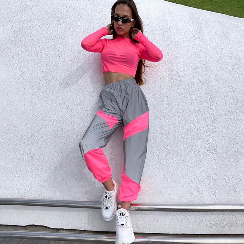 2021 High quality Women's Sports Trousers Fashion Reflective Color Thin Elastic High Waist Beam Feet Casual Pants