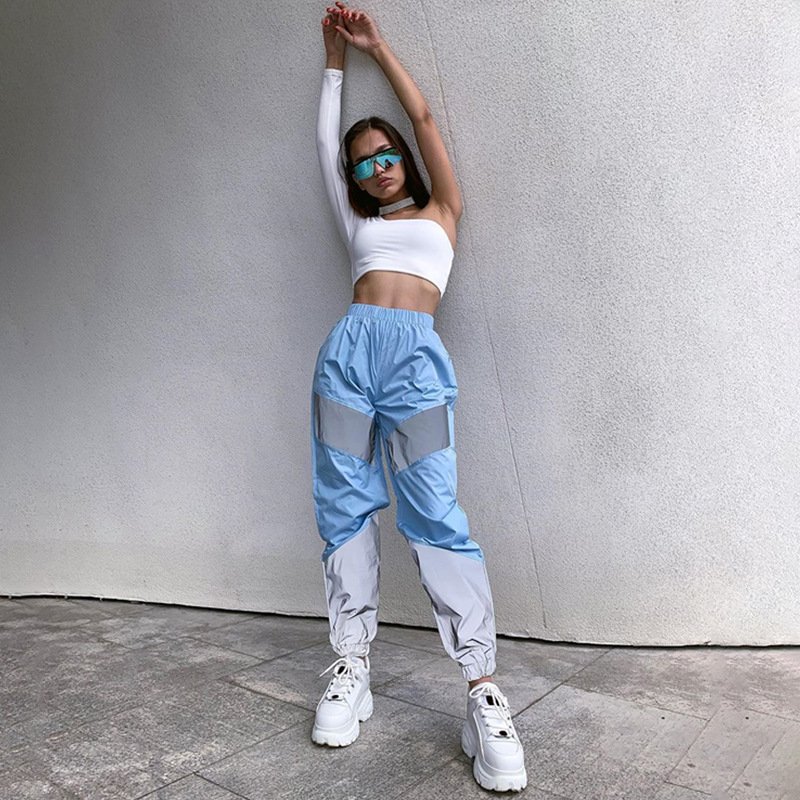 2021 High quality Women's Sports Trousers Fashion Reflective Color Thin Elastic High Waist Beam Feet Casual Pants