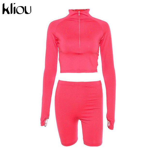 2021 High quality New Female Fluorescence Fitness Two Pieces Sets Autumn Full Sleeve Zipper Turtleneck Tops Suits