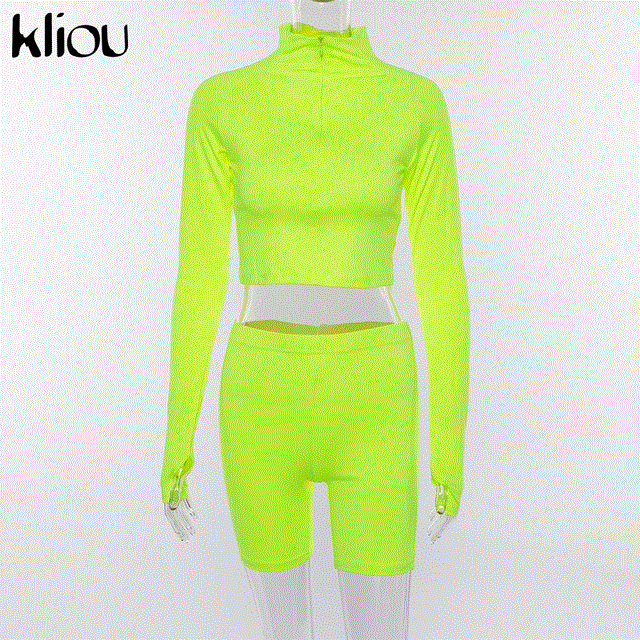 2021 High quality New Female Fluorescence Fitness Two Pieces Sets Autumn Full Sleeve Zipper Turtleneck Tops Suits