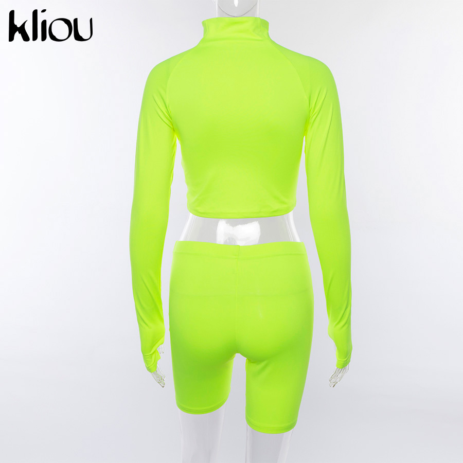 2021 High quality New Female Fluorescence Fitness Two Pieces Sets Autumn Full Sleeve Zipper Turtleneck Tops Suits