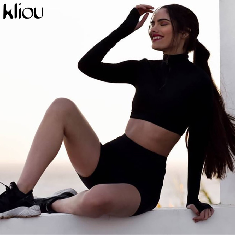 2021 High quality New Female Fluorescence Fitness Two Pieces Sets Autumn Full Sleeve Zipper Turtleneck Tops Suits