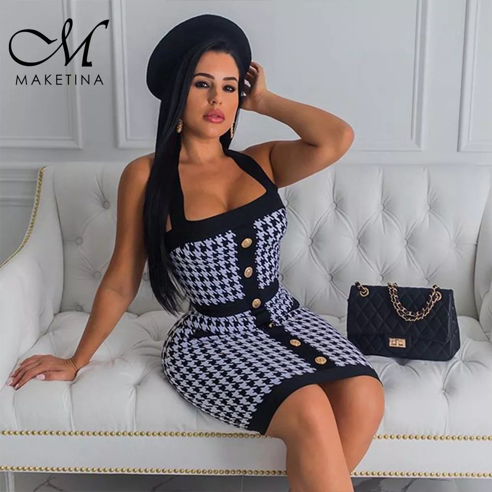 2021 High quality Luxury Bandage Dress Plaid Halter Sleeveless Bandage Dress Summer Women Sexy Mini Club Dress