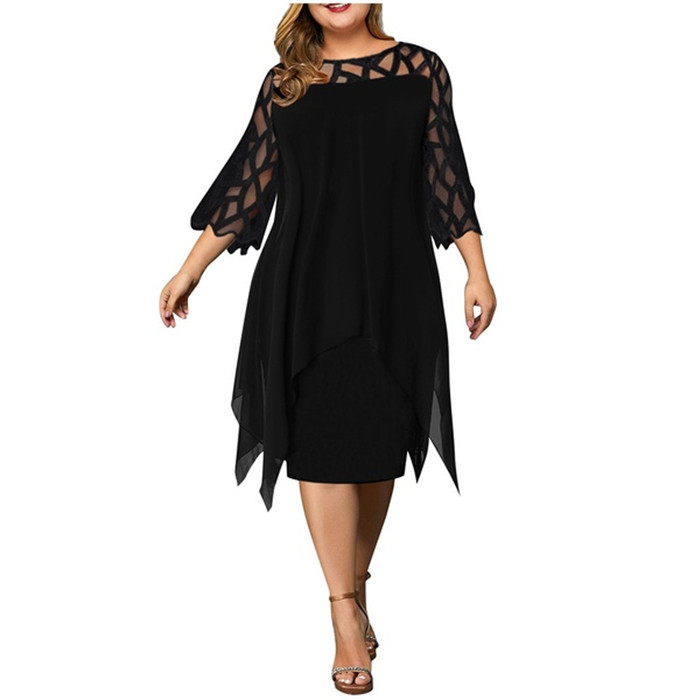 2021 High quality Women's Dress Plus Size Chiffon Hollow Out Dress New Autumn Irregular Lace Sleeve Dresses