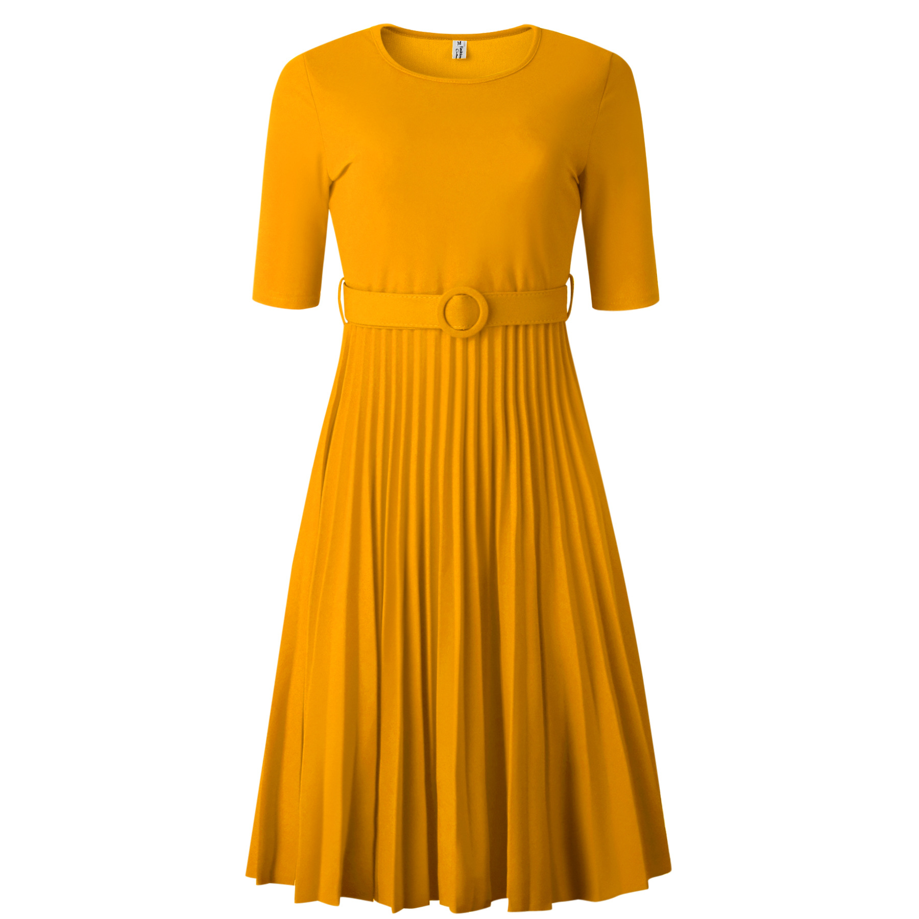 2021 High quality Women Short Sleeve Pleated Dresses with Waist Belt A-line Fashion Summer Plus Size Office Dress