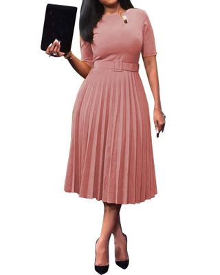 2021 High quality Women Short Sleeve Pleated Dresses with Waist Belt A-line Fashion Summer Plus Size Office Dress