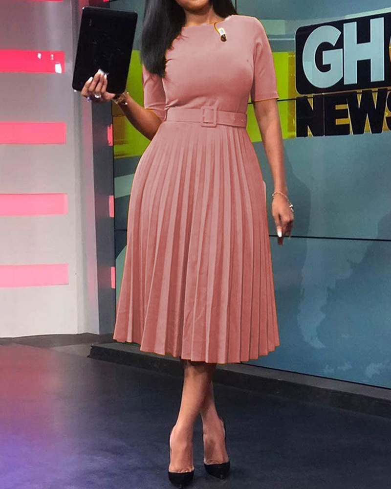 2021 High quality Women Short Sleeve Pleated Dresses with Waist Belt A-line Fashion Summer Plus Size Office Dress
