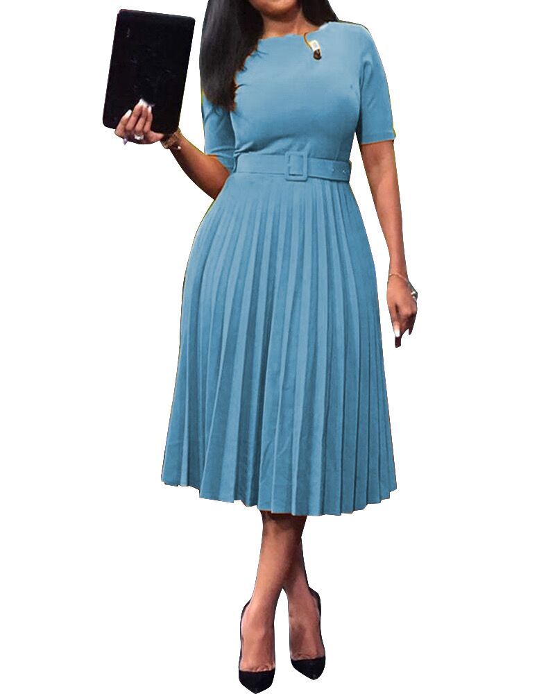 2021 High quality Women Short Sleeve Pleated Dresses with Waist Belt A-line Fashion Summer Plus Size Office Dress
