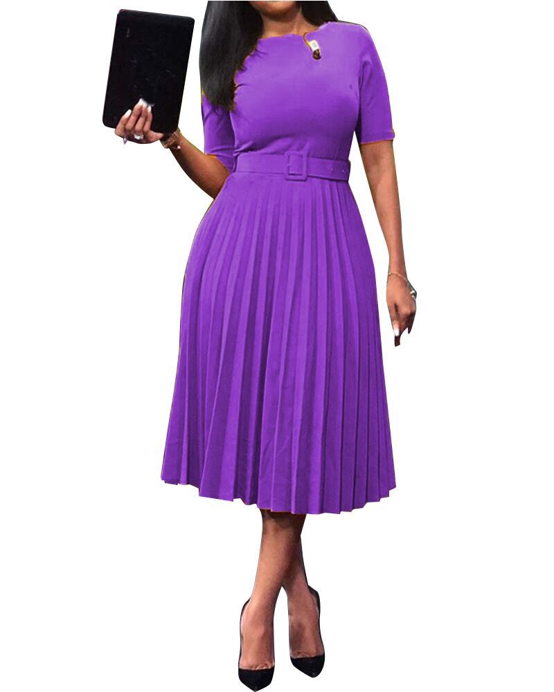 2021 High quality Women Short Sleeve Pleated Dresses with Waist Belt A-line Fashion Summer Plus Size Office Dress