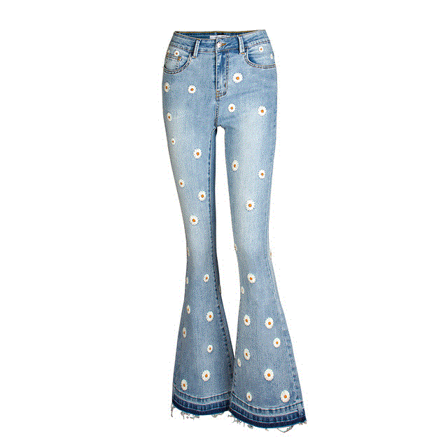 2021 High quality Flower Embroidered Flare Denim Pants Womens Vintage Women Jeans Spring Autumn Jeans Trousers