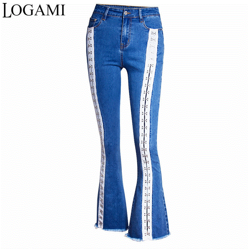 2021 High quality Spring Lacing Flare Jeans Woman Casual Denim Jeans Womens Denim Trousers Women