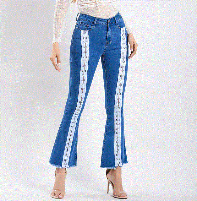 2021 High quality Spring Lacing Flare Jeans Woman Casual Denim Jeans Womens Denim Trousers Women