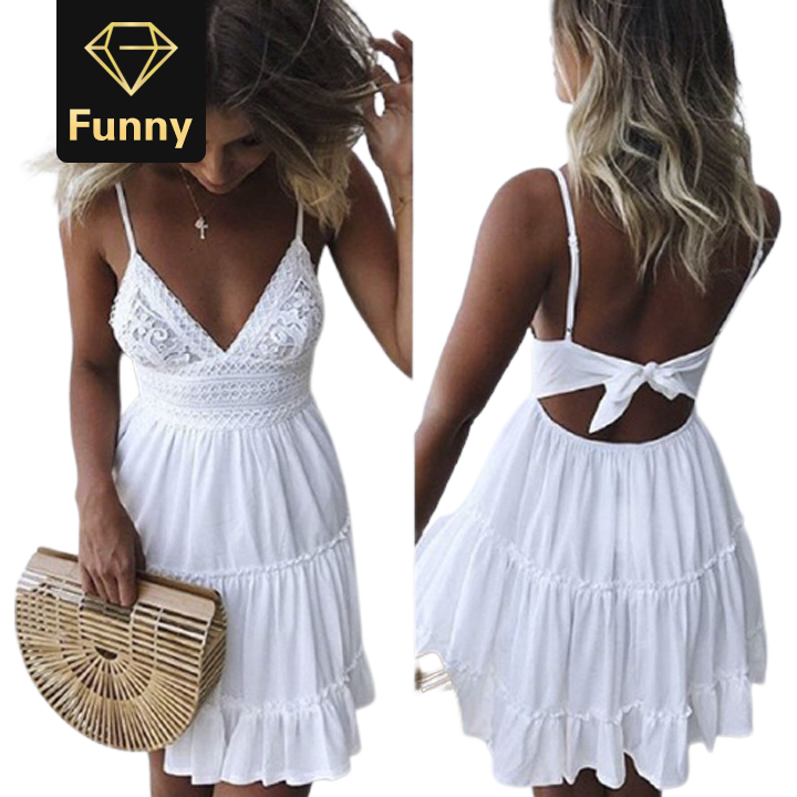 2021 High quality New Women Summer Backless Layers Sweet Short Mini Dress V Neck High Waist Dresses