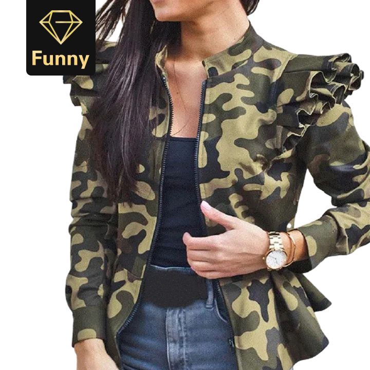 2021 High quality Autumn Women Fashion Camouflage Ruffles Coat Jacket Long Sleeve Stand Collar Short Coat Female