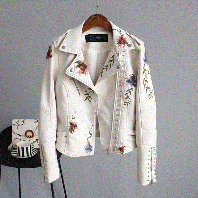 2021 High quality Women Floral Print Embroidery Faux Leather Jacket Coat  Turn-down Collar Casual Punk Outerwear