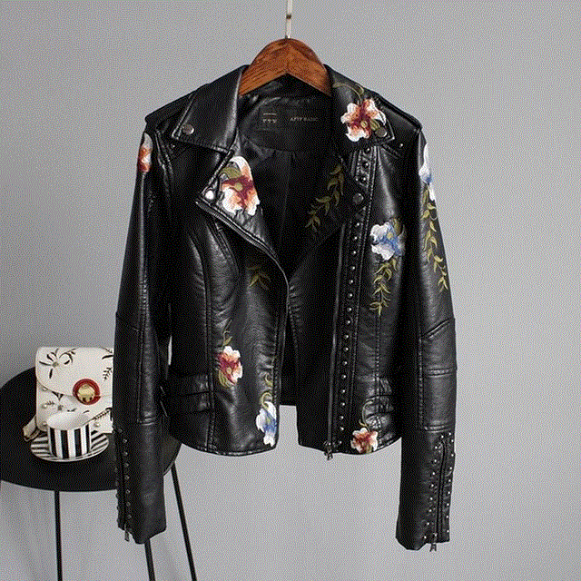 2021 High quality Women Floral Print Embroidery Faux Leather Jacket Coat  Turn-down Collar Casual Punk Outerwear