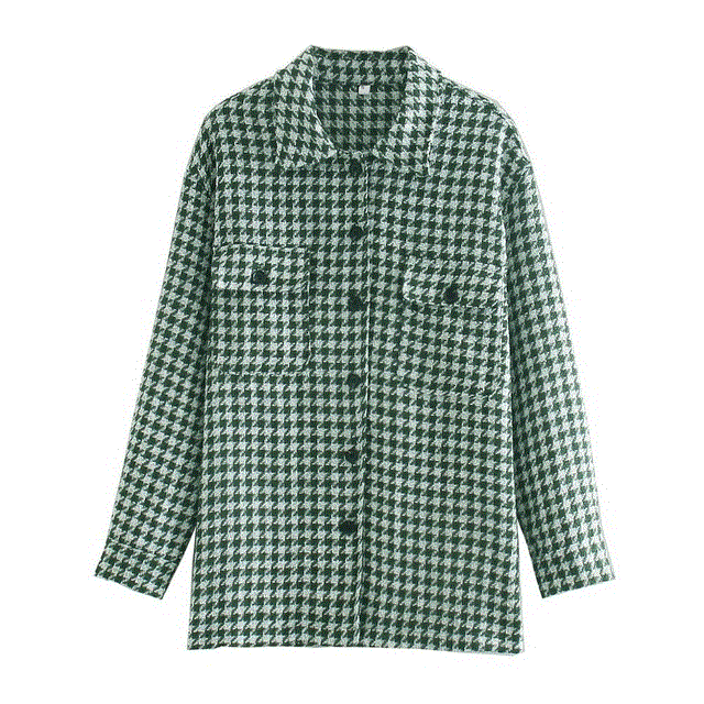 2021 High quality Women Coat Houndstooth Casual Woolen Shirt Woman Winter Fashion Drop Shoulder Tweed Plaid Jacket