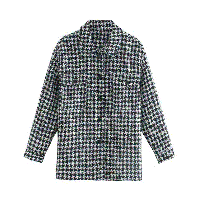 2021 High quality Women Coat Houndstooth Casual Woolen Shirt Woman Winter Fashion Drop Shoulder Tweed Plaid Jacket