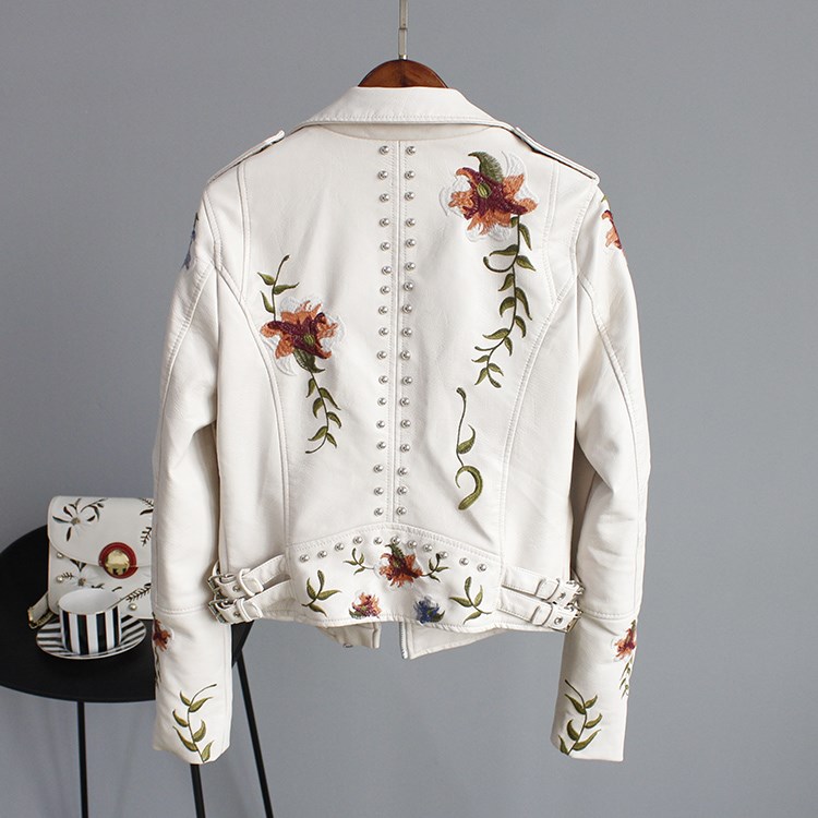 2021 High quality Women Floral Print Embroidery Faux Leather Jacket Coat  Turn-down Collar Casual Punk Outerwear