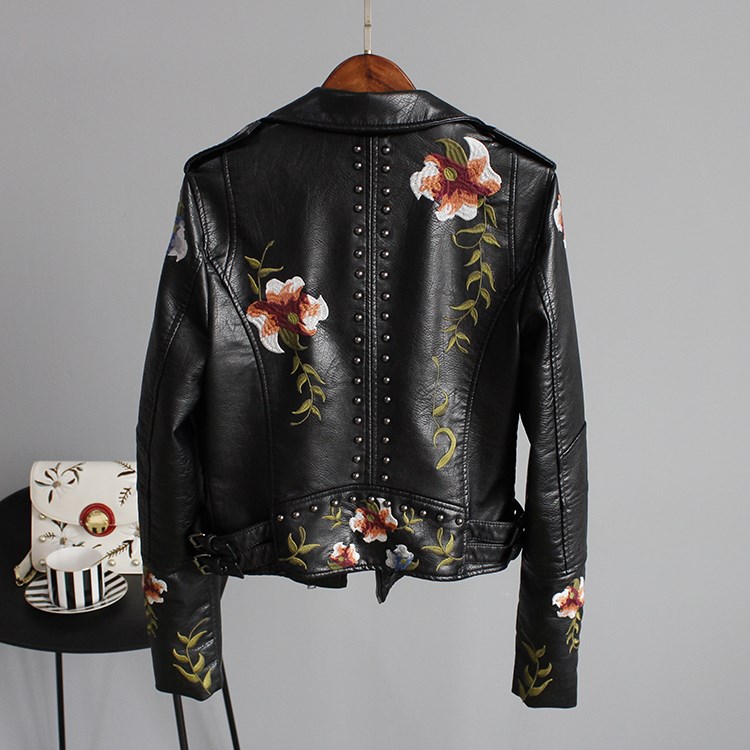 2021 High quality Women Floral Print Embroidery Faux Leather Jacket Coat  Turn-down Collar Casual Punk Outerwear