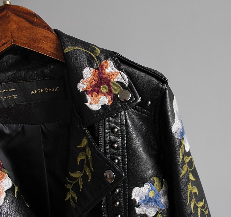 2021 High quality Women Floral Print Embroidery Faux Leather Jacket Coat  Turn-down Collar Casual Punk Outerwear