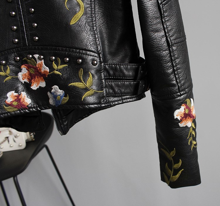 2021 High quality Women Floral Print Embroidery Faux Leather Jacket Coat  Turn-down Collar Casual Punk Outerwear