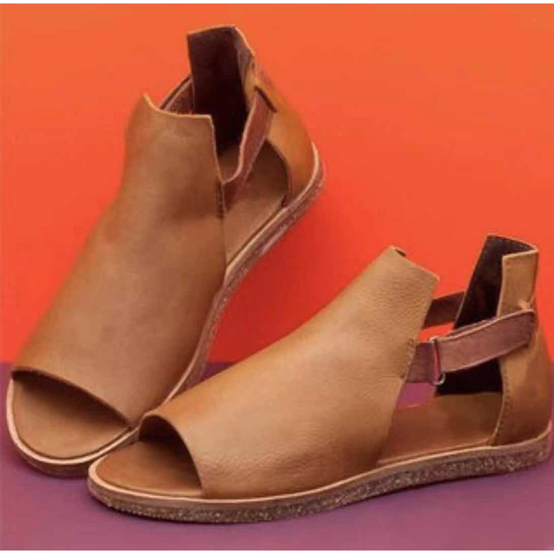 2021 High quality Summer Women Flat Sandals PU Hook Loop Peep Toe Sandals Ladies Fashion Open Toe Retro Woman Shoes