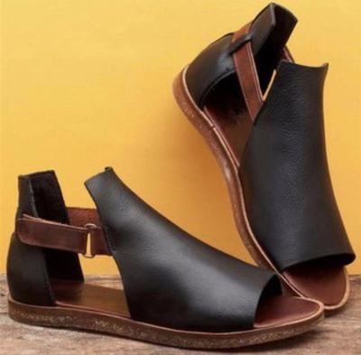 2021 High quality Summer Women Flat Sandals PU Hook Loop Peep Toe Sandals Ladies Fashion Open Toe Retro Woman Shoes