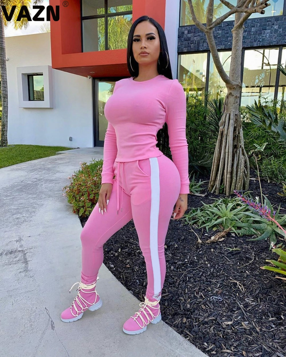 2021 High quality Autumn Simple Young Casual Free Solid Full Sleeve Top Long Pants Tracksuits Skinny Women 2 Piece Set