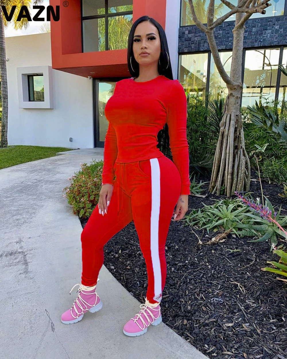 2021 High quality Autumn Simple Young Casual Free Solid Full Sleeve Top Long Pants Tracksuits Skinny Women 2 Piece Set
