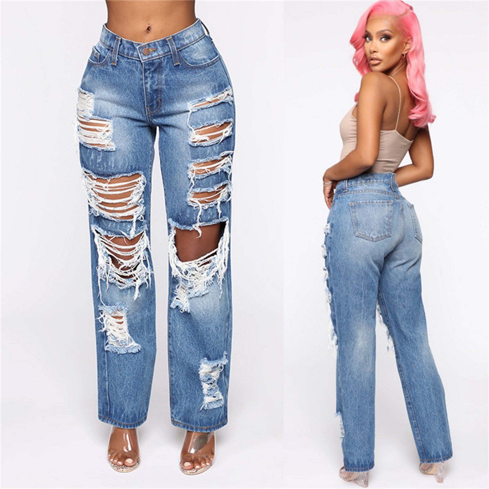 2021 High quality Women Button High Waist Pocket Elastic Hole Jeans Trousers Loose Straight Fashion Ladies Jeans