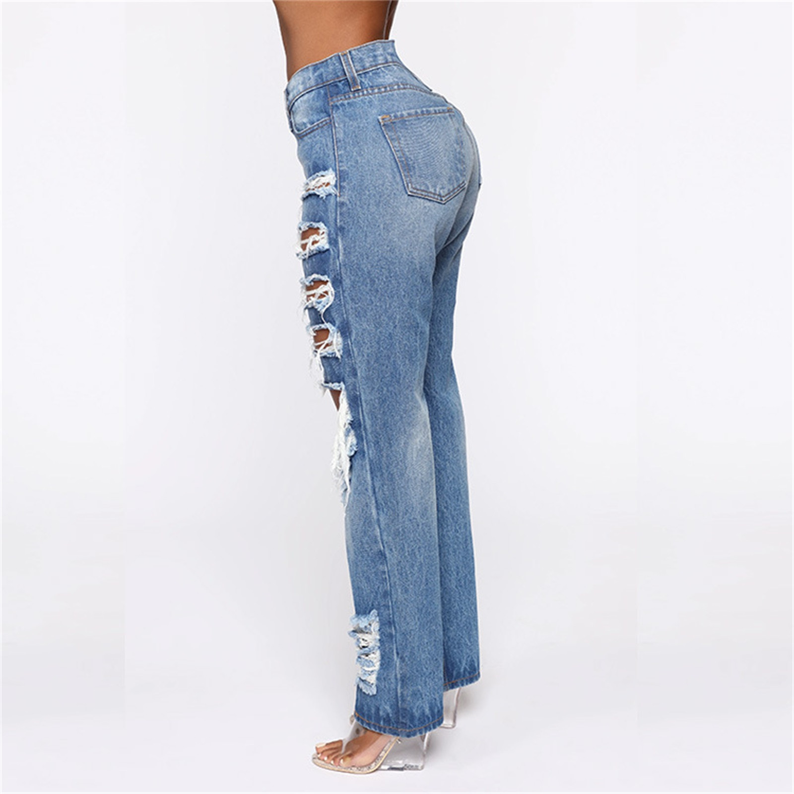 2021 High quality Women Button High Waist Pocket Elastic Hole Jeans Trousers Loose Straight Fashion Ladies Jeans