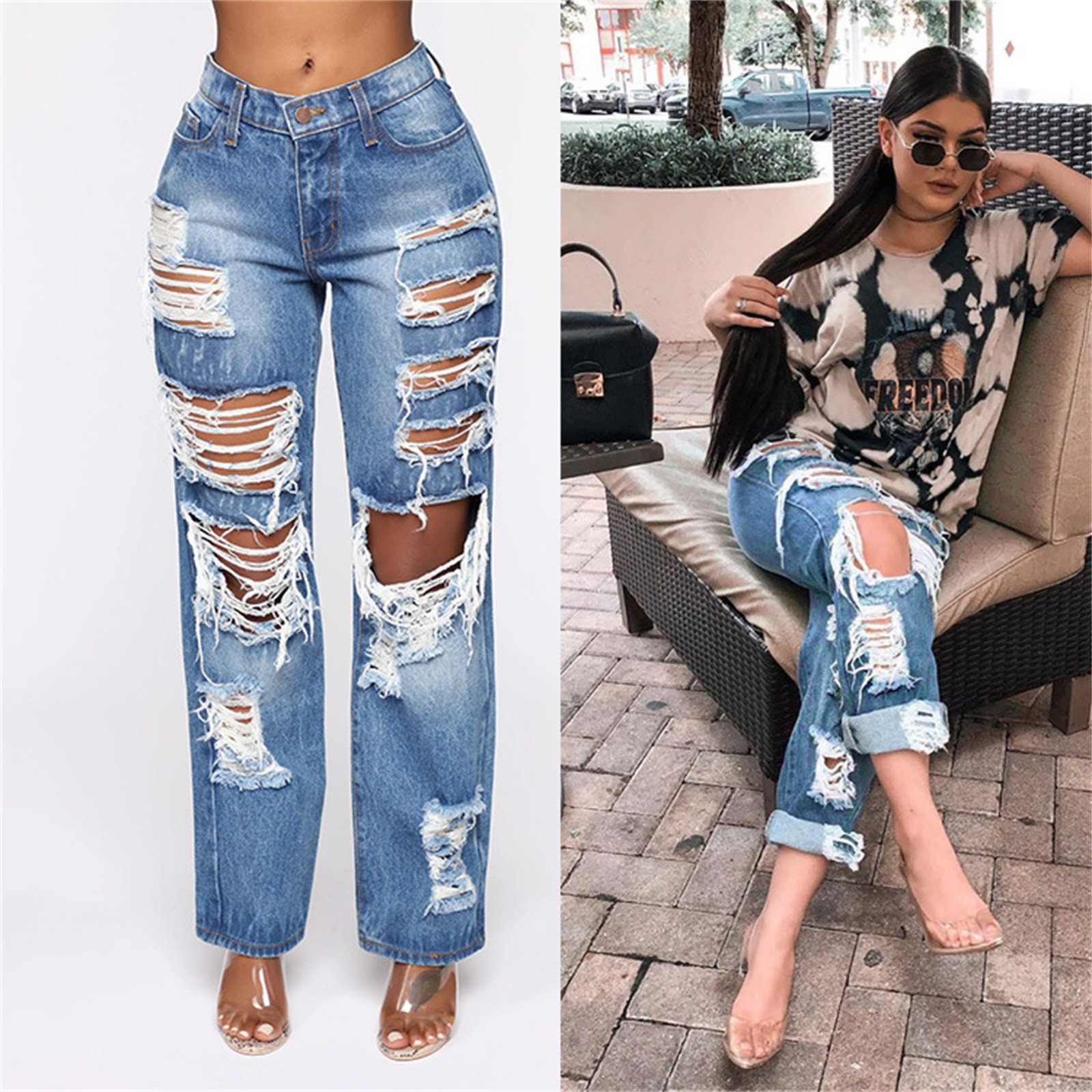 2021 High quality Women Button High Waist Pocket Elastic Hole Jeans Trousers Loose Straight Fashion Ladies Jeans