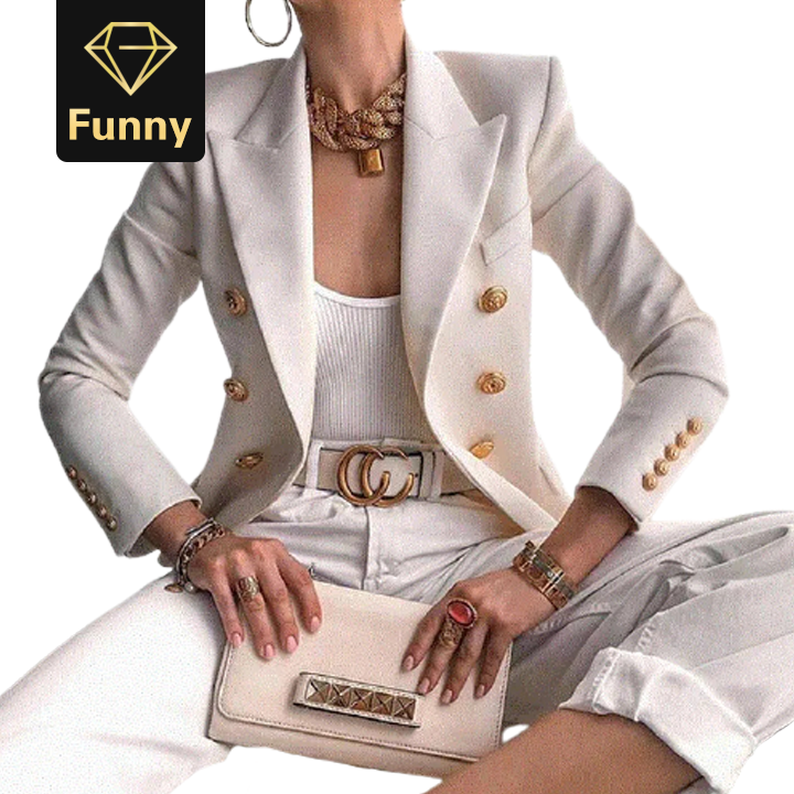 2021 High quality Top Quality New Fashion Blazer Jacket Women's Double Breasted Metal  Buttons Blazer Office Lady coat