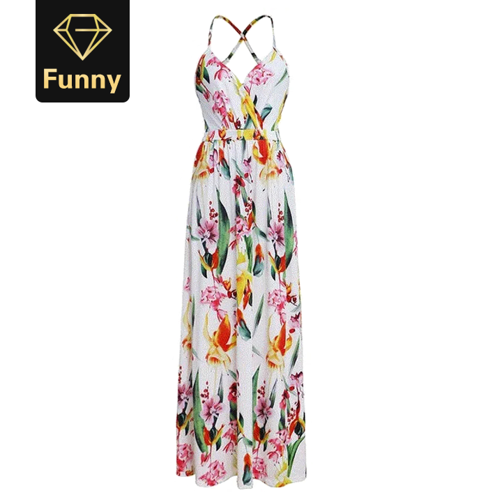 Multicolor Boho Long Dress Sling Cross Back Women V neck Party Night Elegant Sexy Maxi Summer Dress